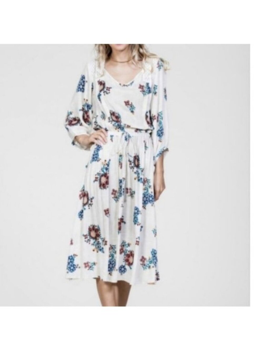 En Crème Floral Boho Midi Dress With Tie Back & Bell Accents